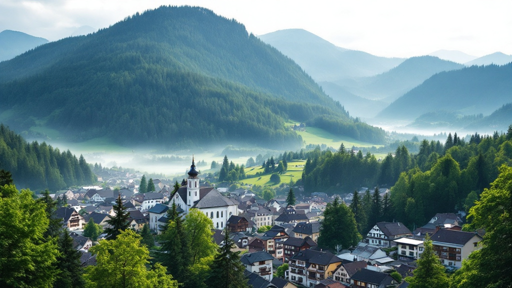 Kleiner Ort im Bayerischen Wald mit weißer Kirche im Tal, dahinter ein bewaldeter Berg mit zwei Gipfeln im Morgendunst