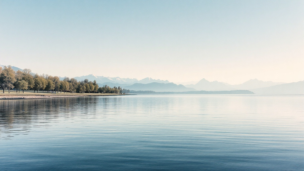 Ruhiger Bodensee vom deutschen Ufer aus, am Horizont die Alpen