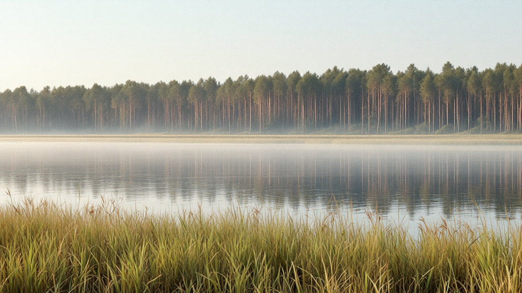 Stiller See im Morgendunst, vorn hohes Gras am Ufer, am flachen anderen Ufer ein Kiefernwald mit schlanken Stämmen, der sich im Wasser spiegelt