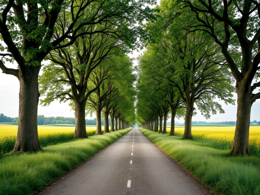 Schmale Landstraße unter einer Allee aus alten Laubbäumen, links und rechts blühende Rapsfelder in flachem Land