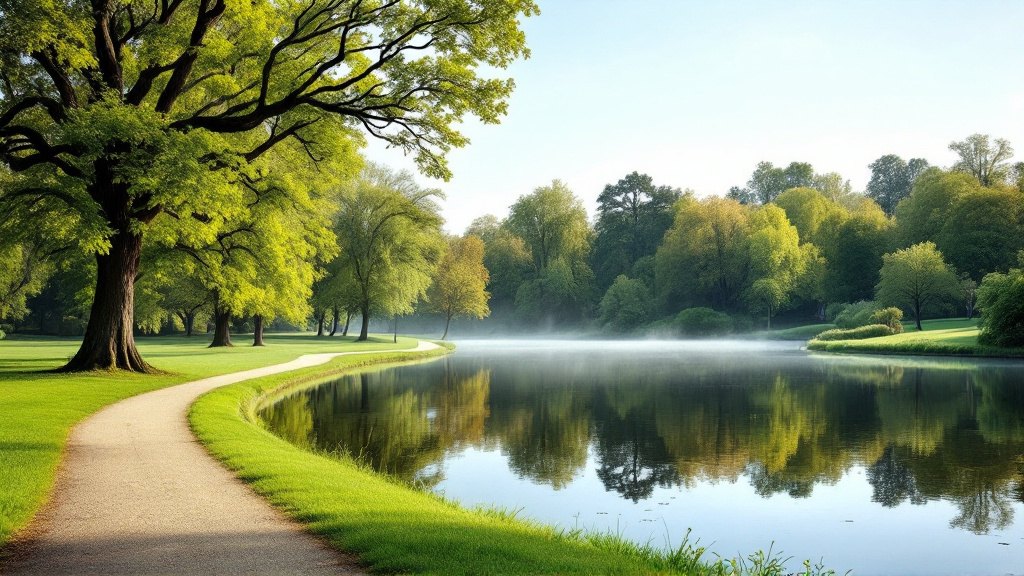 Ein stiller Teich in einem Park, vorne links ein sehr alter, ausladender Baum auf gemähtem Rasen, ein Kiesweg folgt in einem Bogen dem Ufer, die Bäume spiegeln sich im Wasser, darüber leichter Morgendunst