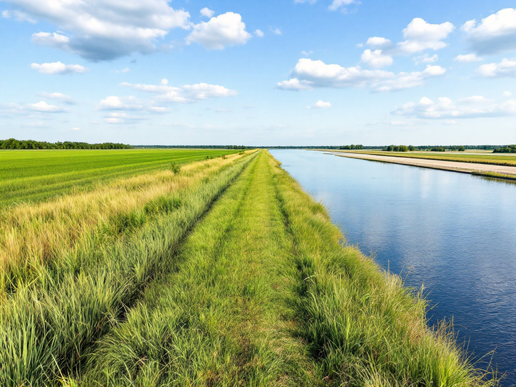 Ein grasbewachsener Deich mit einer gemähten Spur zieht sich geradeaus bis zum Horizont, links eine weite grüne Wiese, rechts ein breiter, ruhiger Fluss, am anderen Ufer ein heller Sandstreifen, flaches Land unter großem Himmel