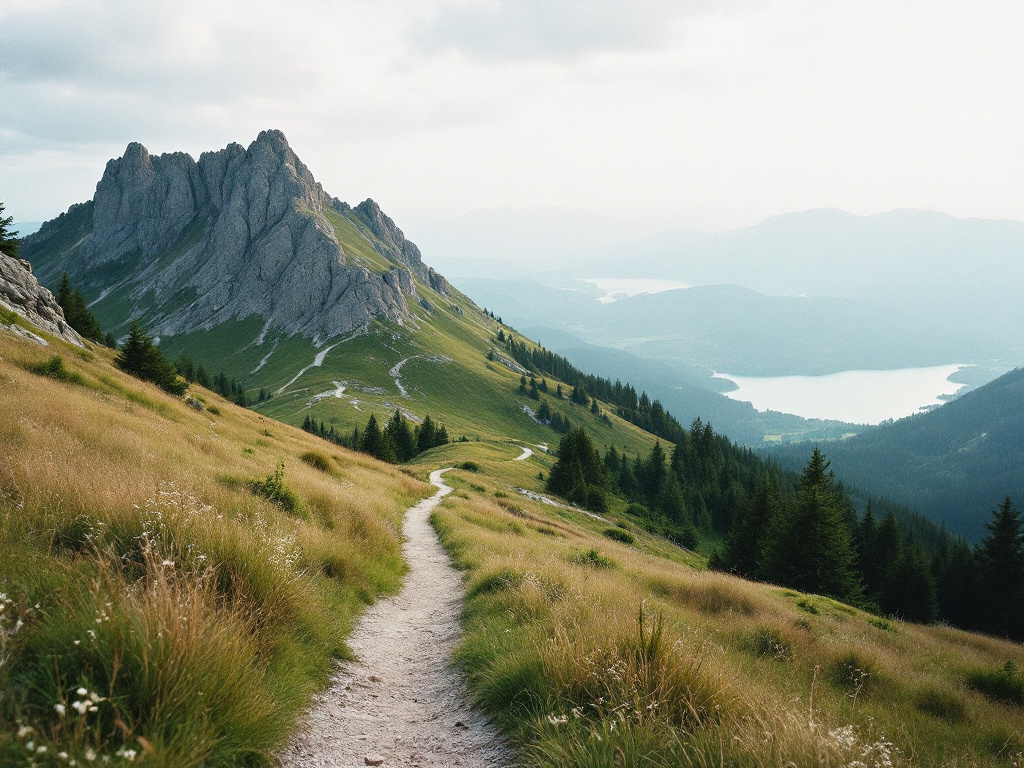 Bergpfad über eine Almwiese in den Chiemgauer Alpen, unten im Tal ein See