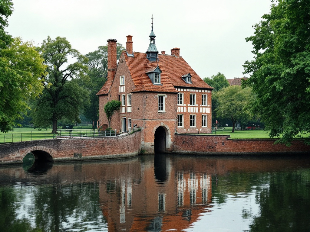 Altes Backsteinhaus mit Türmchen und Torbogen an einem Wassergraben, links eine Bogenbrücke, rundum Bäume und Rasen