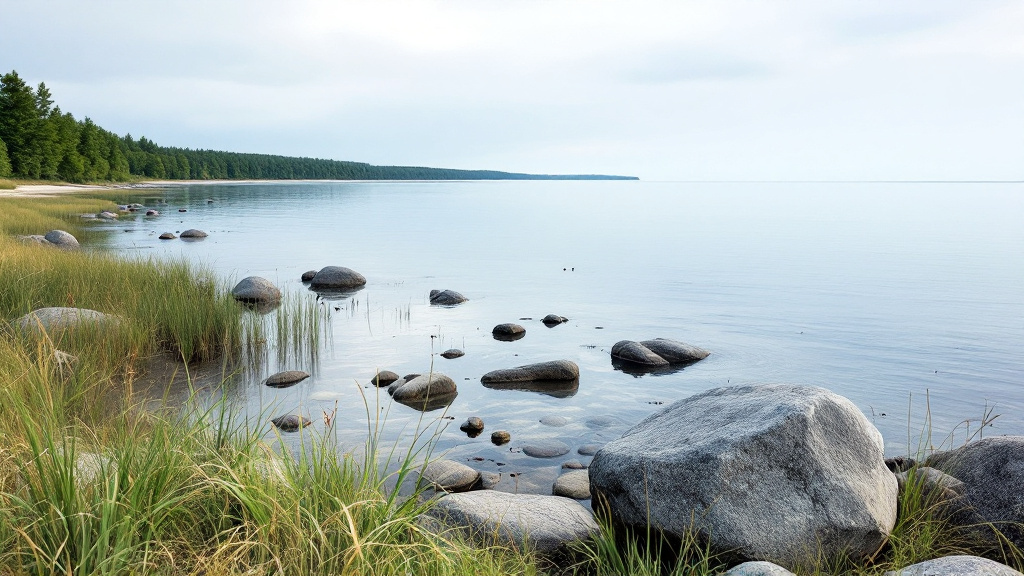 Große, runde Findlinge im flachen, klaren Wasser einer ruhigen Ostseebucht, links hohes Gras und ein Waldufer, am Horizont ein flacher Waldstreifen