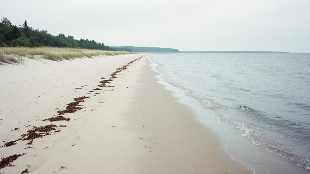 Menschenleerer, heller Sandstrand an ruhiger Ostsee mit kleinen Wellen, links Strandhafer und Wald, am Flutsaum ein Streifen trockener Seetang