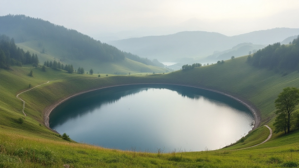 Rundes Maar in der Eifel zwischen Wiesenhängen und Wald im Morgendunst