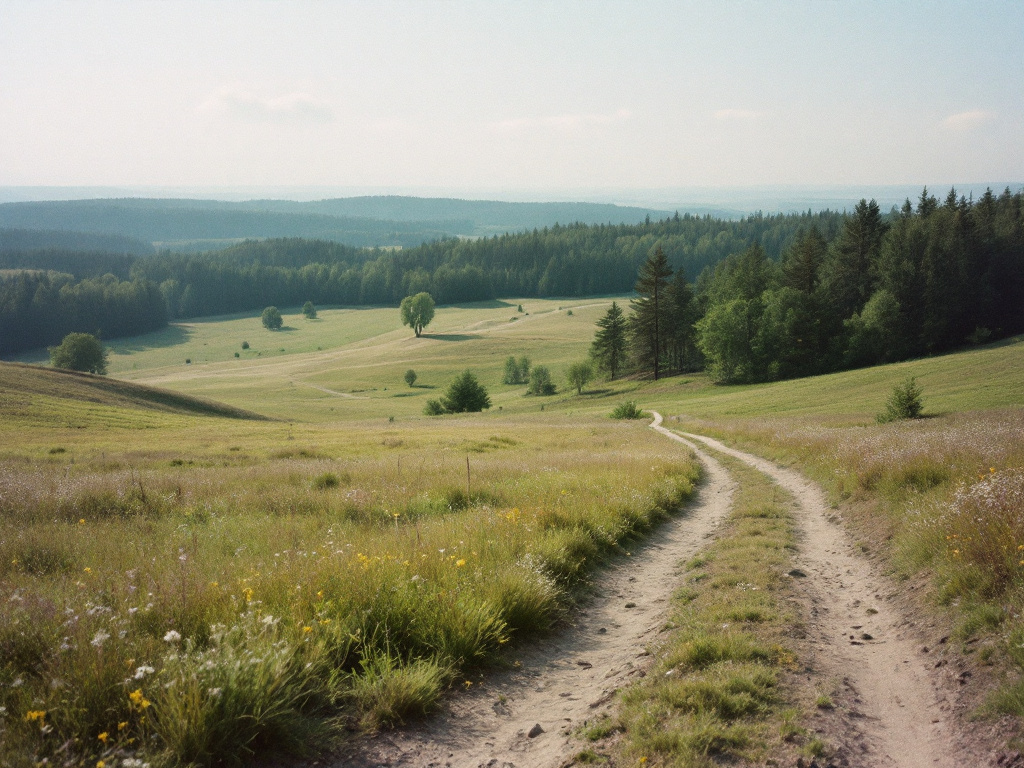 Feldweg durch Blumenwiesen und Waldrand in den Hügeln der Eifel