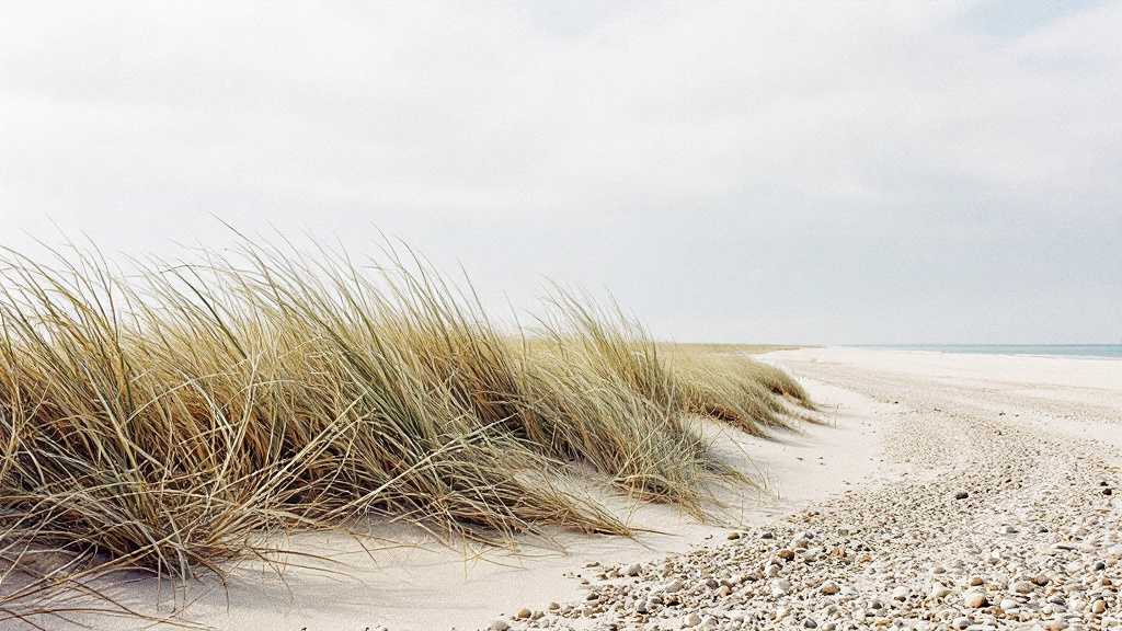 Flache Küste auf Fehmarn mit Strandhafer, Kiesstrand und weitem Himmel