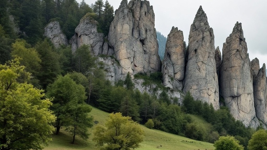 Kalkfelsen über einer Wiese mit Laubbäumen in der Fränkischen Schweiz