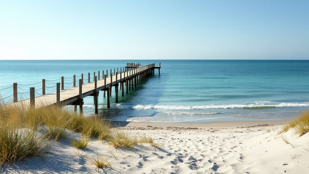 Feiner Sandstrand mit Dünengras an der Ostsee, daneben ein langer Holzsteg ins türkise Wasser