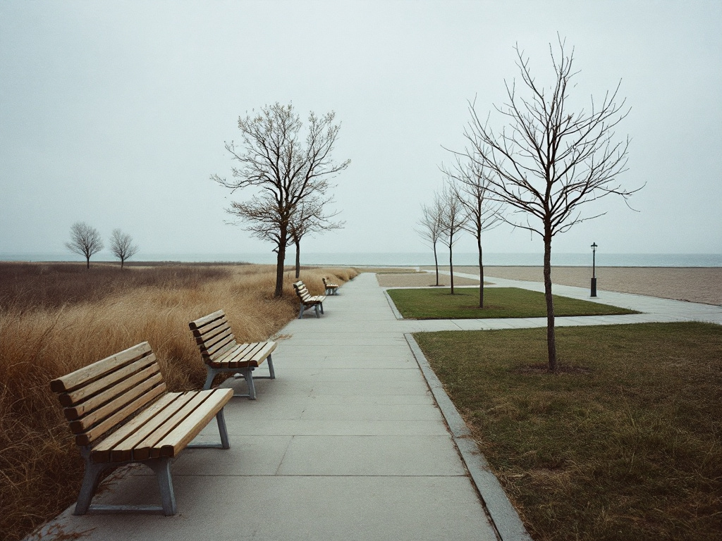 Gepflasterte Promenade mit leeren Holzbänken zwischen trockenem Dünengras und Rasen, dahinter Strand und Meer bei grauem Himmel