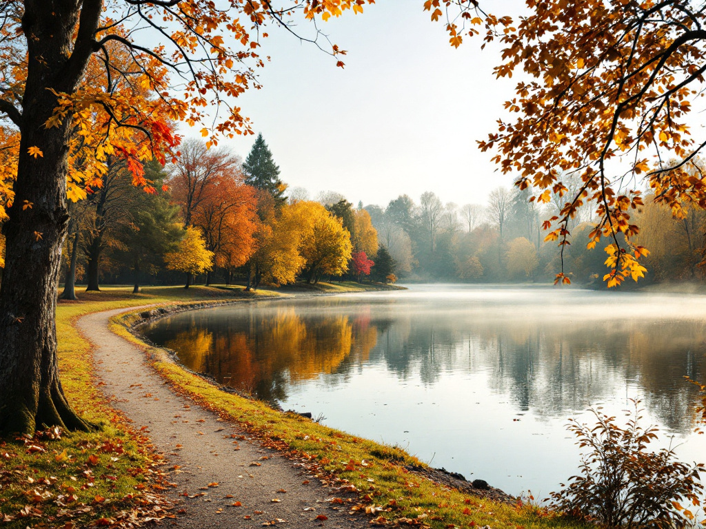 Stiller See in einem Park am Herbstmorgen, ringsum Bäume mit gelbem, orangem und rotem Laub, links ein Kiesweg am Grasufer und leichter Nebel über dem Wasser