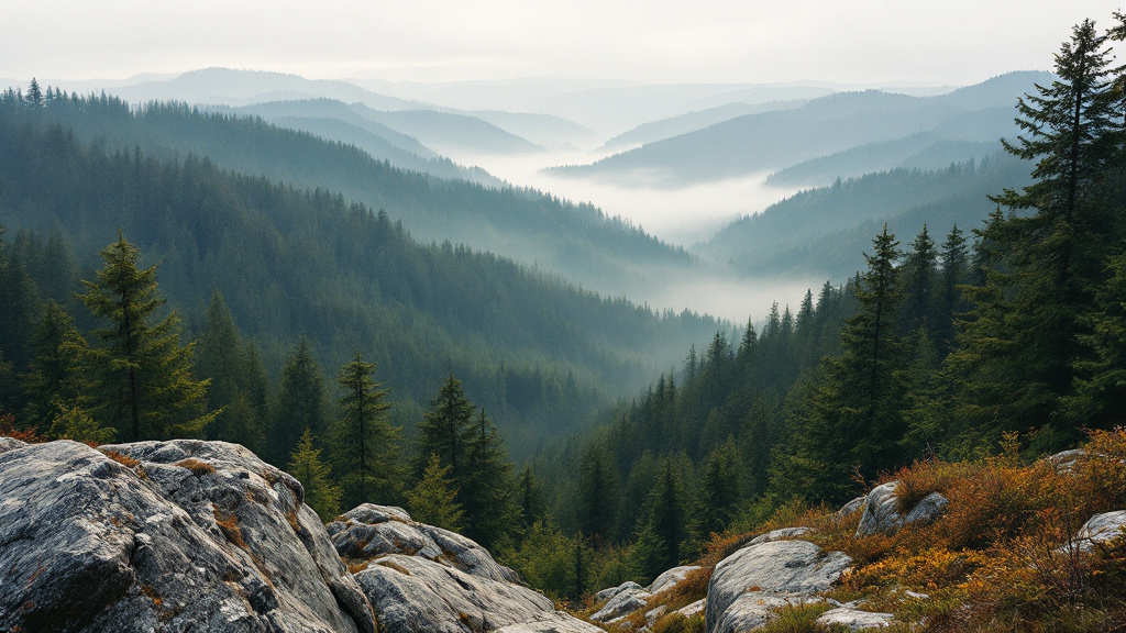 Bewaldete Bergrücken des Harzes im Morgennebel, Granitblöcke im Vordergrund