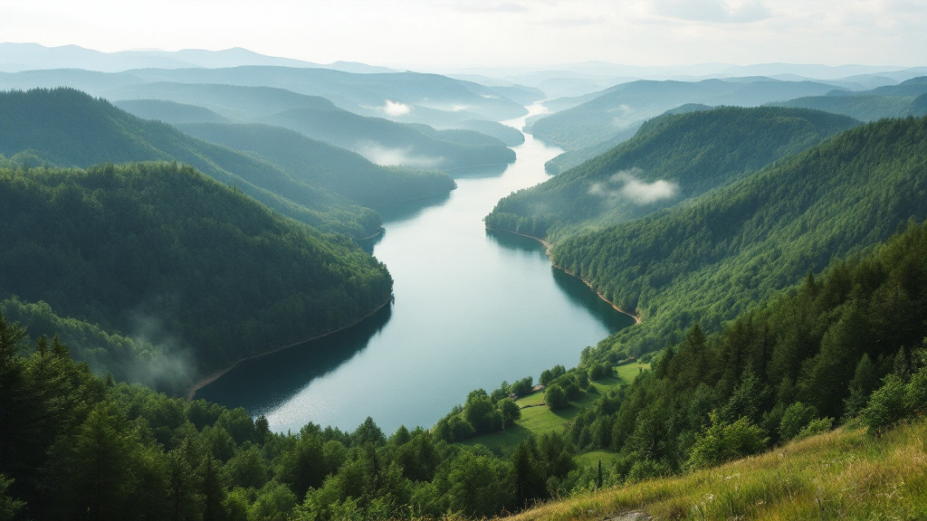 Blick von einem Grashang auf einen langen, gewundenen See zwischen dicht bewaldeten Hügeln, dahinter weitere Höhenzüge im Dunst