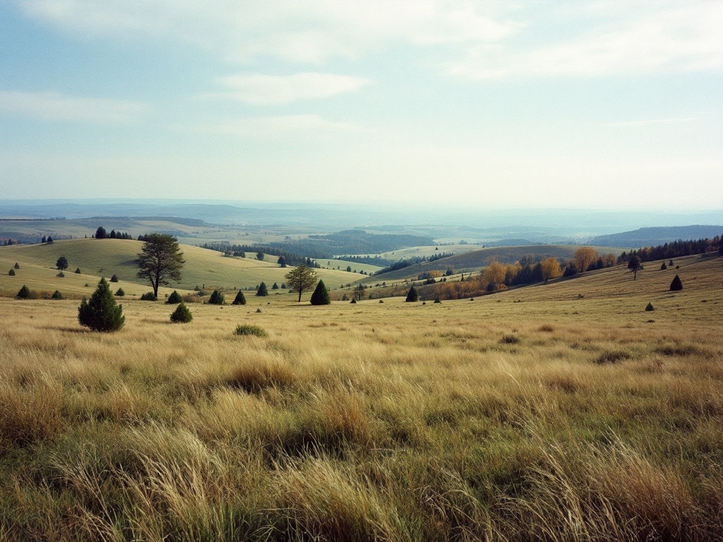 Offene Hochfläche mit hohem, herbstlich gelbem Gras, verstreuten dunklen Wacholderbüschen und einzelnen Bäumen, dahinter sanfte Hügel im Dunst