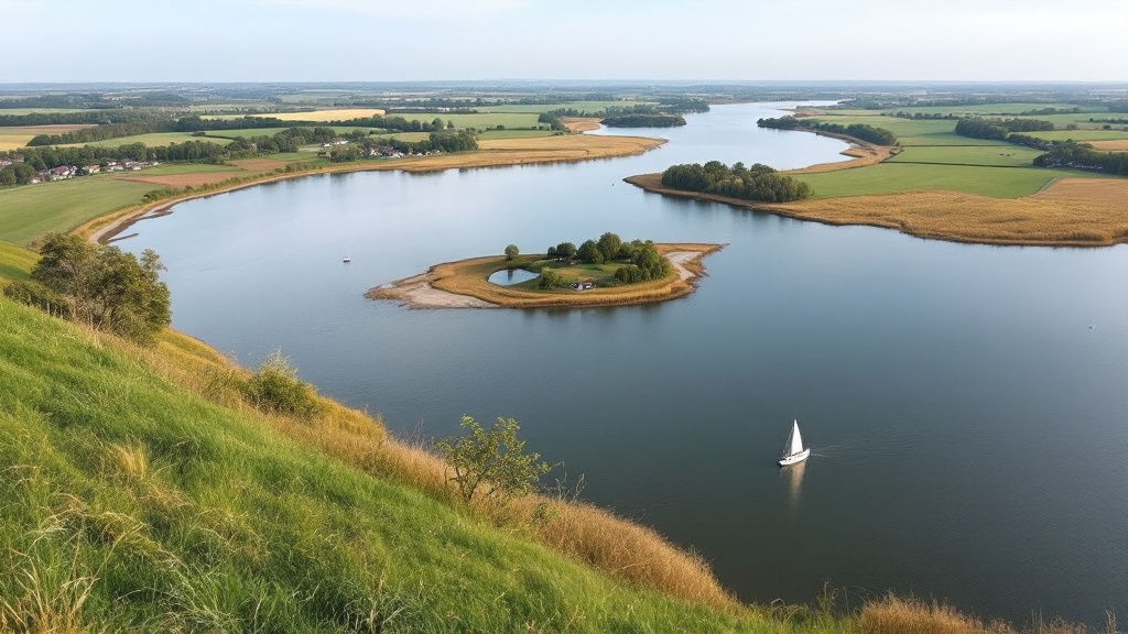 Blick von einem grasbewachsenen Hang über eine breite, gewundene Förde mit Buchten, Schilfufern und einer kleinen Insel, dahinter Felder und Baumgruppen