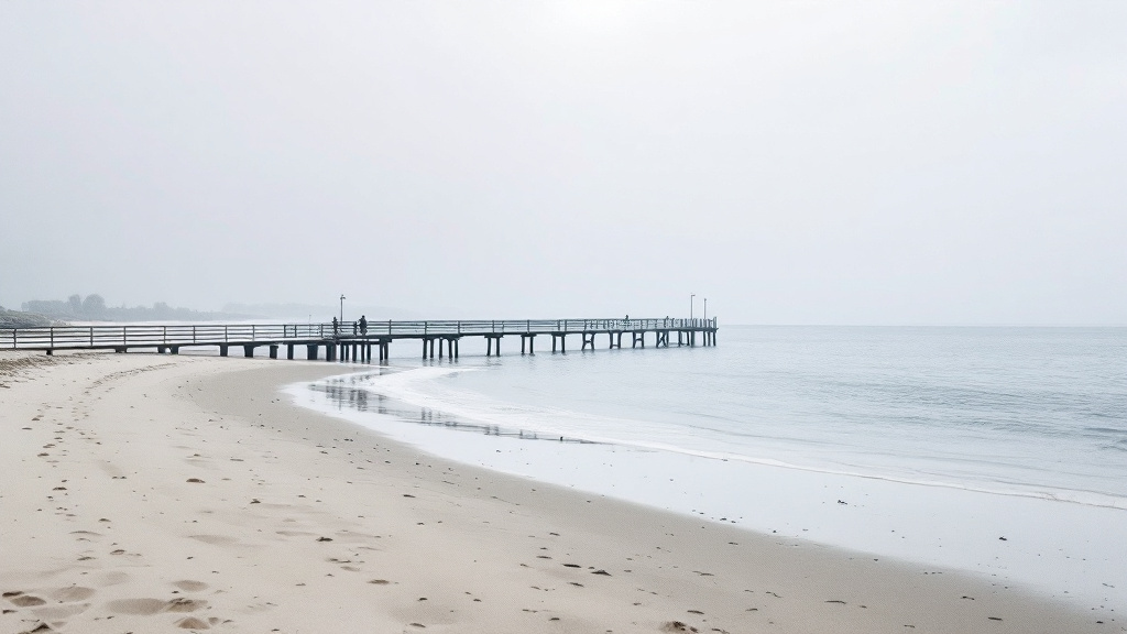 Weiter Sandstrand an der Ostsee mit Strandkörben und einer Seebrücke, die ins ruhige Wasser führt