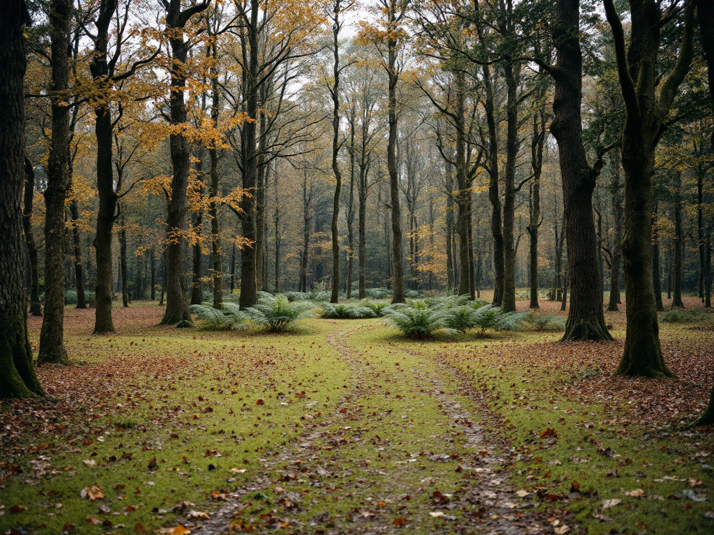 Lichter Buchenwald mit Waldweg und Sonnenflecken auf dem Boden