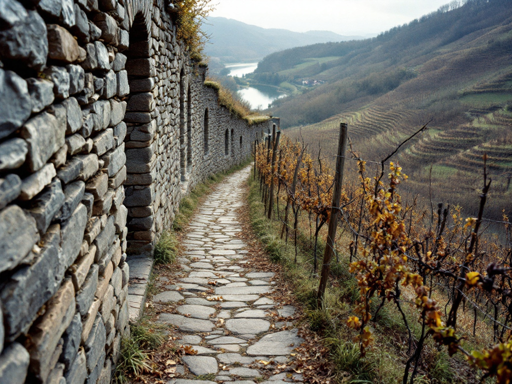 Plattenweg an einer Trockenmauer aus Schiefer durch einen Moselweinberg im Herbst