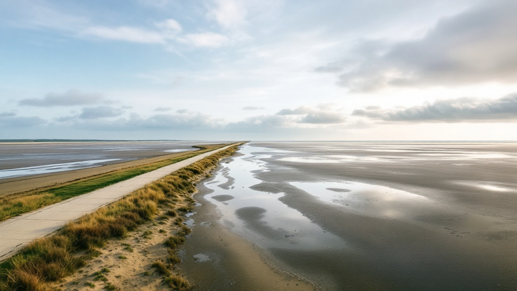 Weites Watt bei Ebbe vor einem flachen Sandstrand, dahinter ein grüner Deich mit heller Promenade