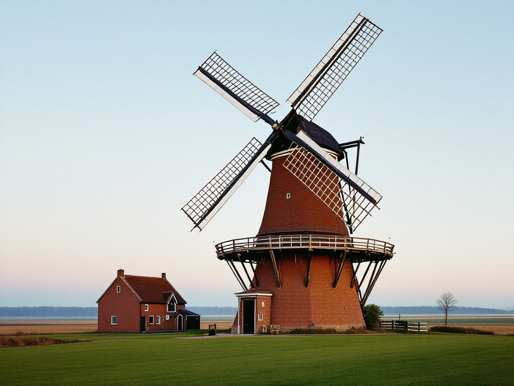 Rote Galerieholländer-Windmühle aus Backstein mit weißen Flügeln zwischen niedrigen Häusern im Abendlicht