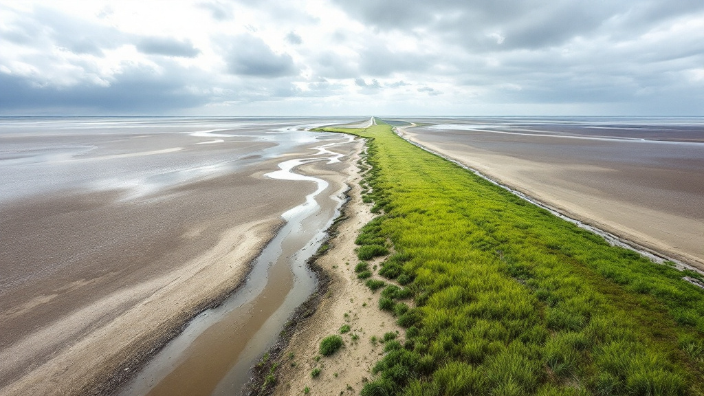 Wattenmeer bei Niedrigwasser mit Prielen, dazwischen ein langer grüner Grasstreifen bis zum Horizont