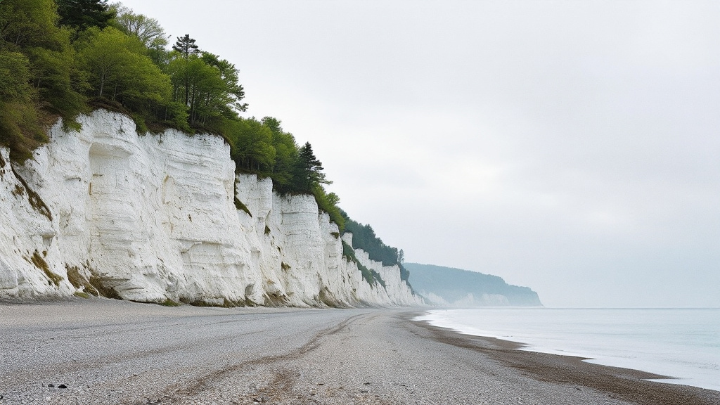 Weiße Kreideküste auf Rügen mit Buchenwald obenauf, davor ein leerer Steinstrand