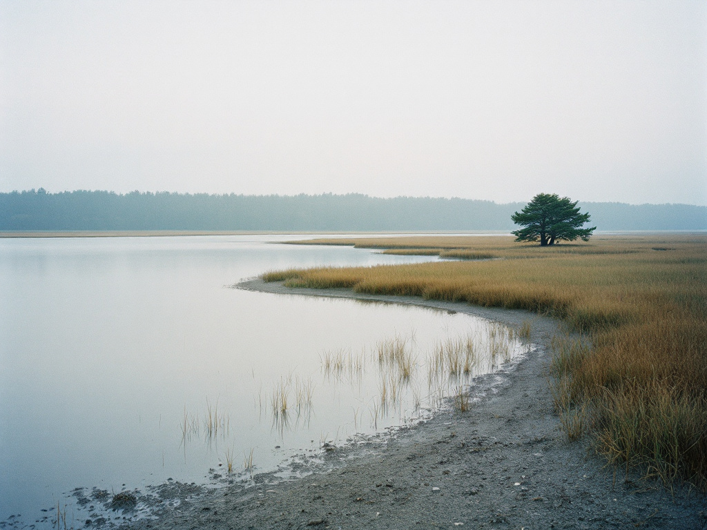 Flacher Bodden auf Rügen mit Schilfufer und einer einzelnen Kiefer