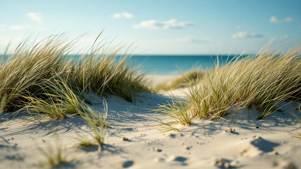 Strandhafer auf einer Düne im Wind, dahinter blaues Meer und heller Himmel