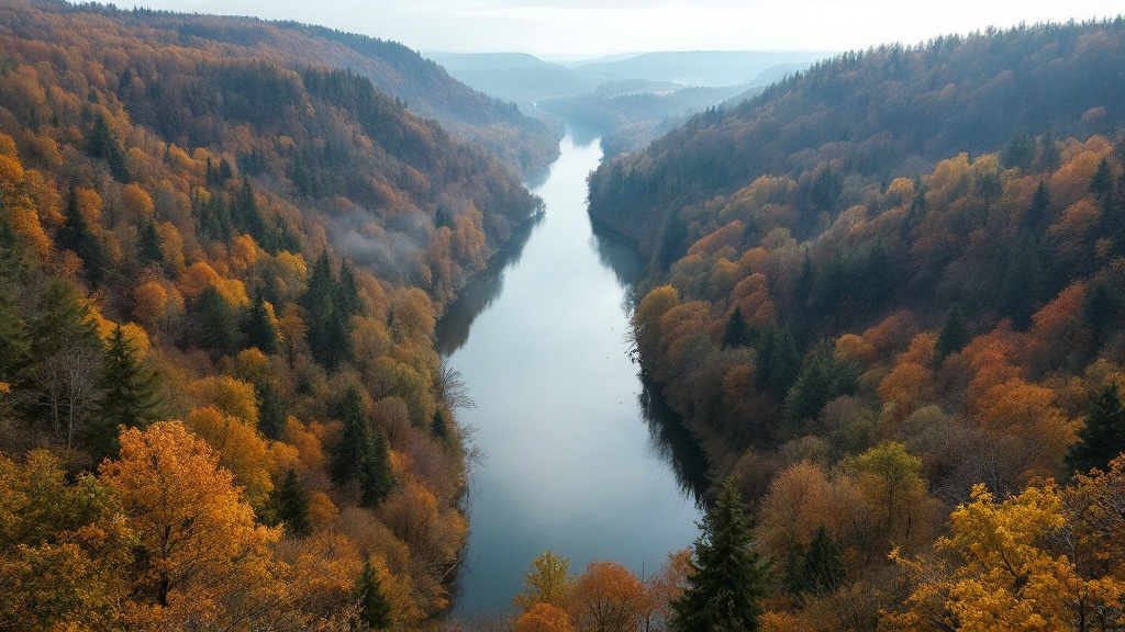Blick von oben auf einen ruhigen Fluss, der gerade durch ein enges Tal zieht, die steilen Hänge dicht bewaldet in Herbstfarben, an den Hängen leichter Dunst