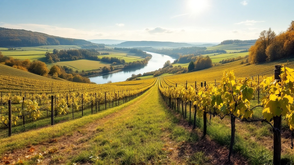 Gerade Rebzeilen mit gelbem Herbstlaub ziehen einen sanften Hang hinab, unten ein ruhiger Fluss zwischen Wiesen und bewaldeten Hügeln