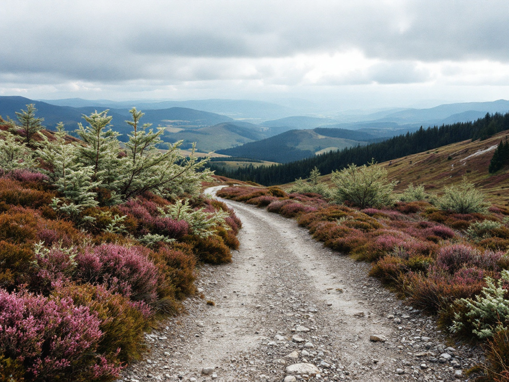 Schotterweg durch Heide und Wacholder auf einer Hochfläche im Sauerland