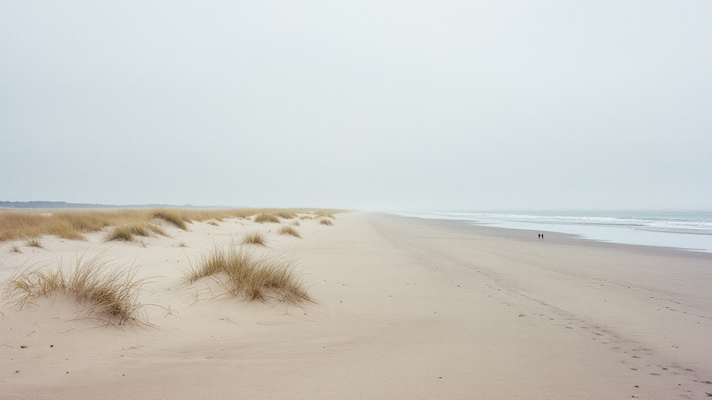 Breiter Sandstrand an der Ostsee mit Strandhafer auf den Dünen und ruhiger See am Morgen