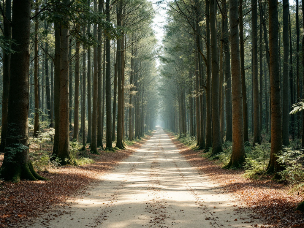 Lichter Laubwald mit breitem Waldweg und Sonnenlicht zwischen den Stämmen