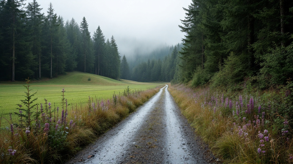 Bewaldete Hügel im Sauerland mit Wiesen im Vordergrund und einem Feldweg, der in den Wald führt
