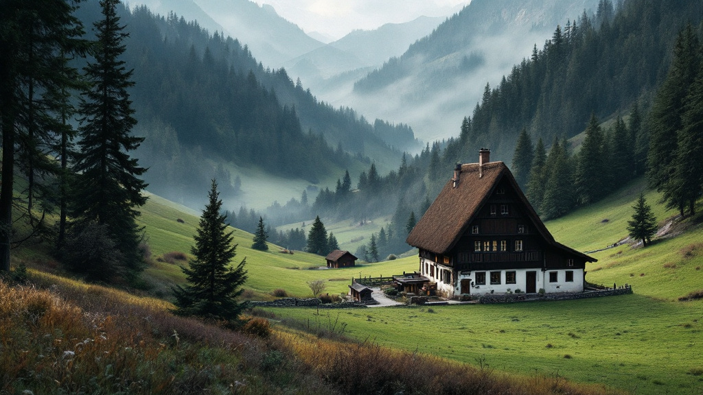 Schwarzwaldhof mit tief gezogenem Walmdach in einem Tal mit dunklem Tannenwald