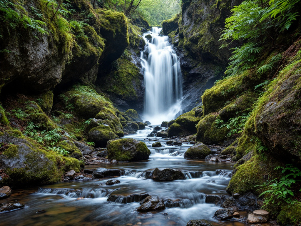 Wasserfall über bemooste Felsen in einer Schwarzwaldschlucht, Farne am Rand