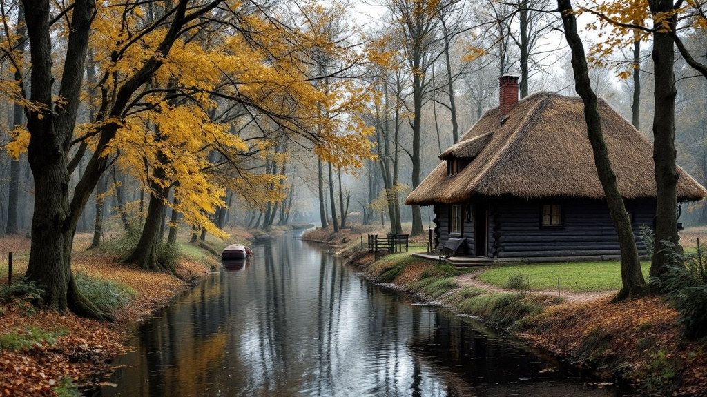 Schmales Fließ im Spreewald mit Erlen und einem Blockhaus mit Reetdach am Ufer