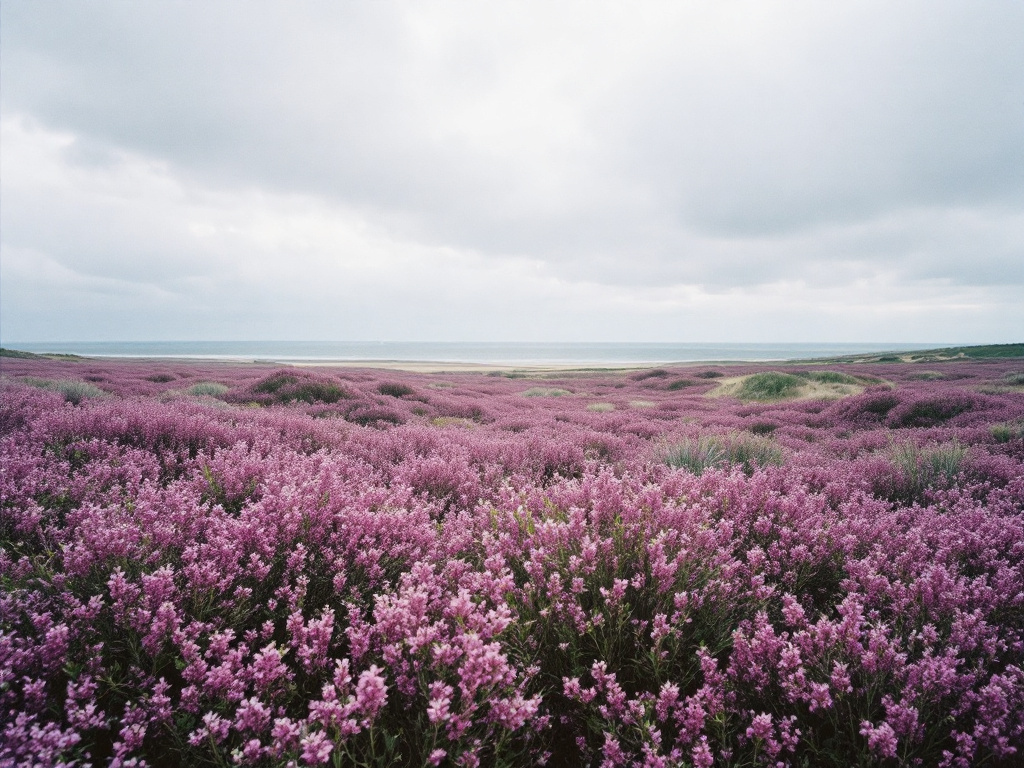 Blühende Heide auf Sylt, dahinter flache Dünen