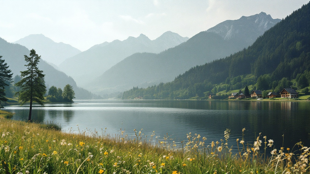 Ruhiger Bergsee in Oberbayern mit bewaldeten Bergen und Häusern mit Holzbalkonen am Ufer