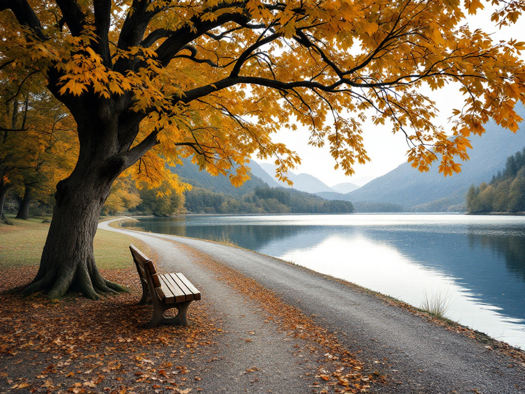 Kiesweg am Seeufer im Herbst, Holzbank unter einem Baum mit gelbem Laub, Berge im Dunst