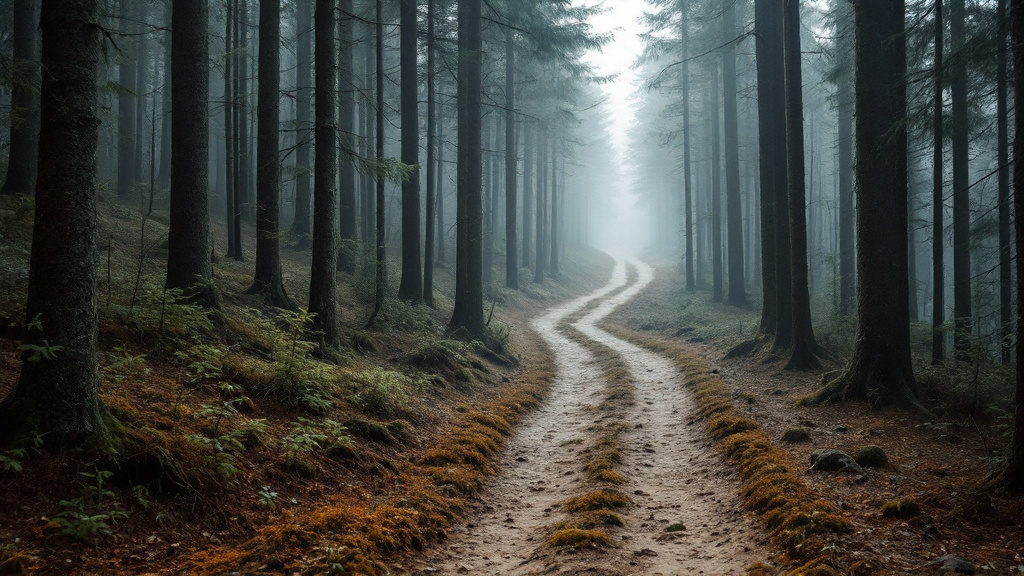 Waldweg auf einem Bergkamm zwischen hohen Fichten, Morgennebel zwischen den Stämmen