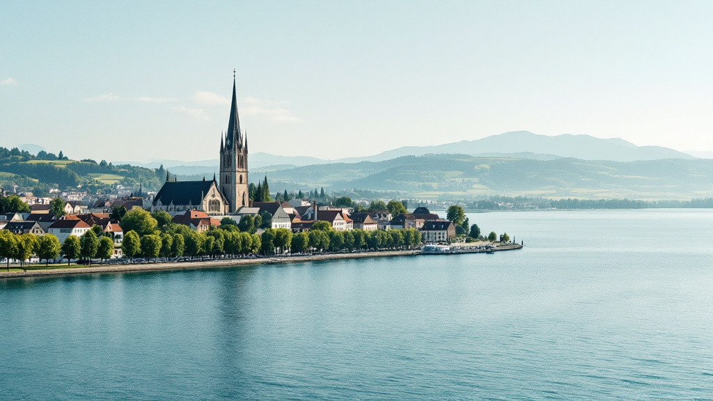 Altstadt am Seeufer mit hohem gotischem Kirchturm, Uferpromenade mit Platanen und ruhigem türkisem Wasser
