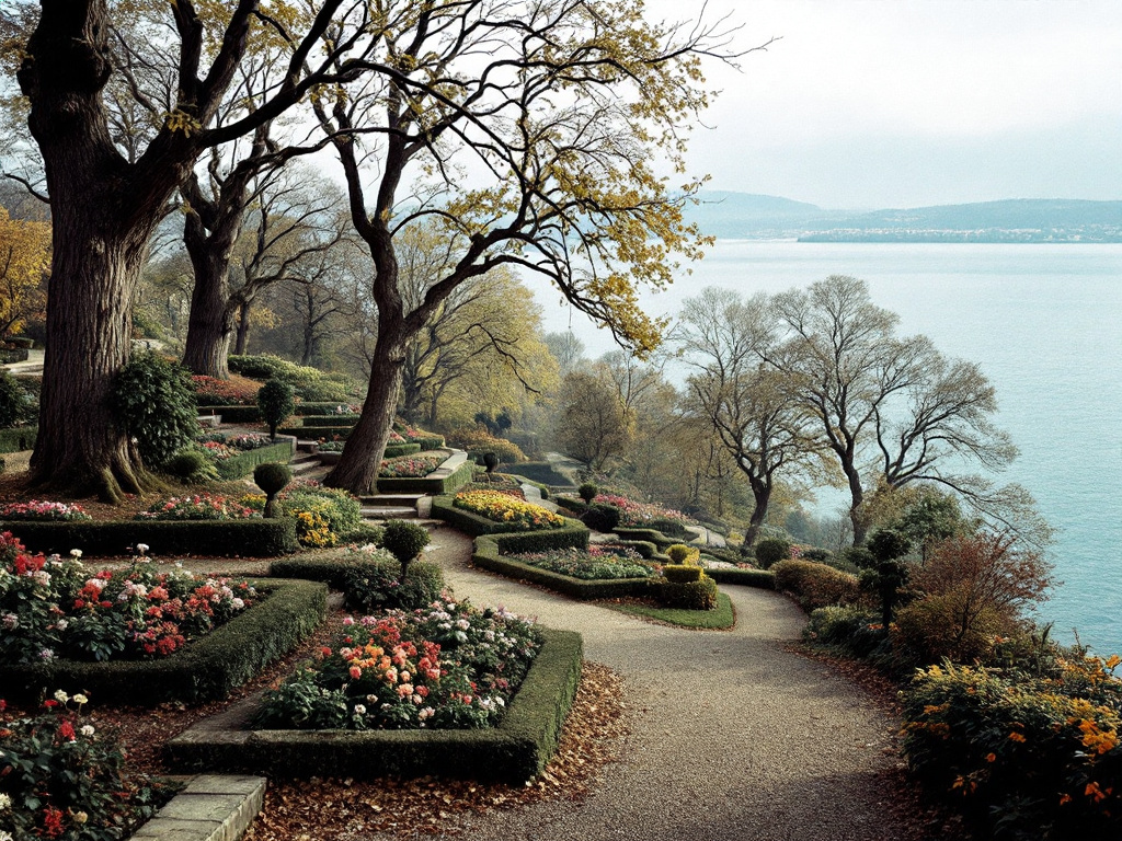 Terrassenförmiger Park über einem See mit Blumenbeeten, Buchsbaumhecken, Kieswegen und großen alten Bäumen