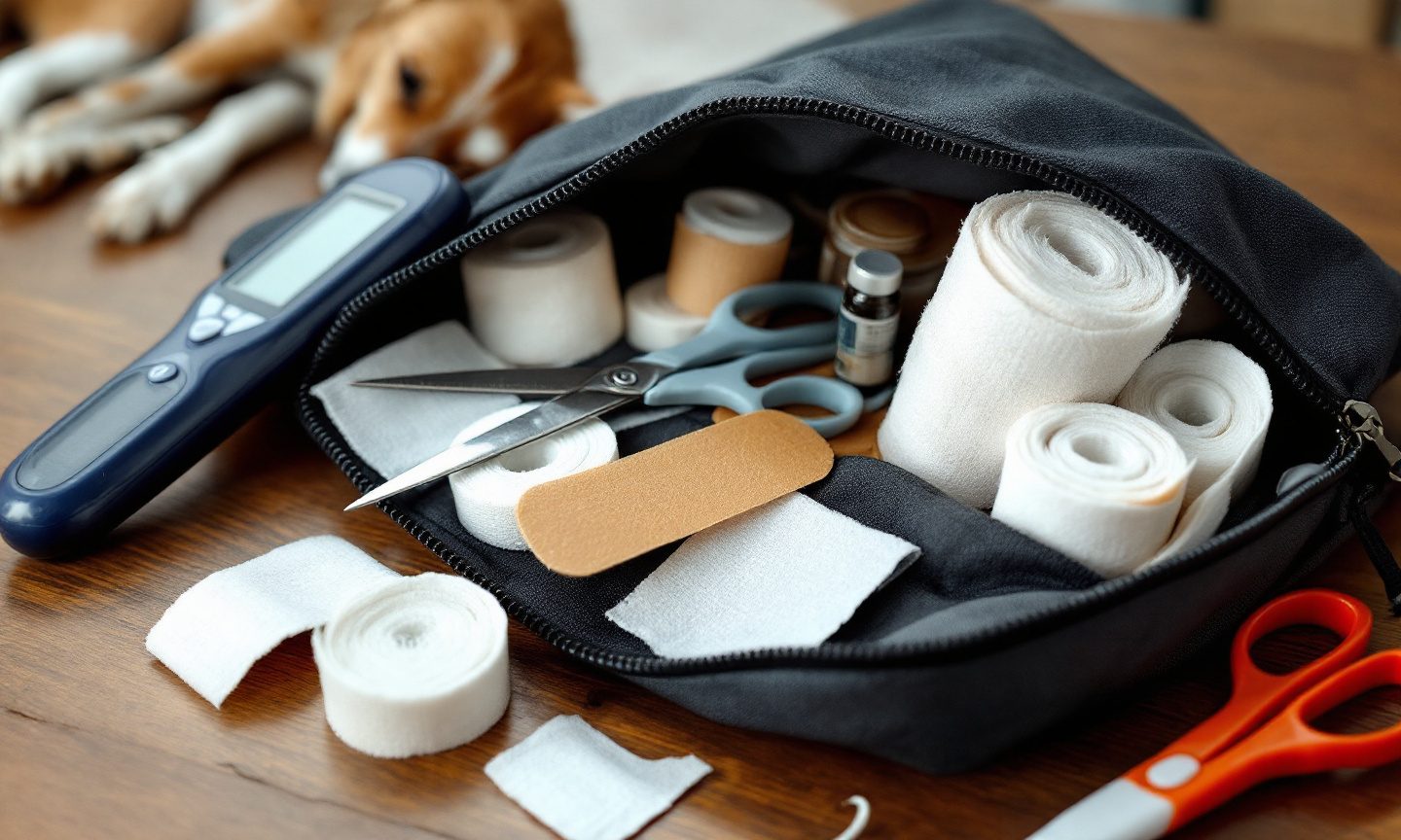 Geöffnete Erste-Hilfe-Tasche mit Mullbinden, Pflaster, Schere und Thermometer auf einem Holztisch, dahinter liegt ein Hund
