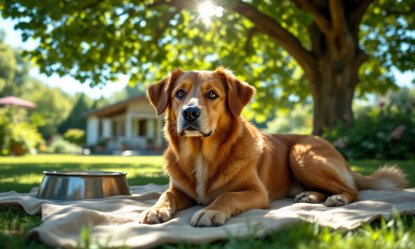 Hund liegt auf einer Decke im Schatten eines großen Baumes im Garten, daneben ein Wassernapf
