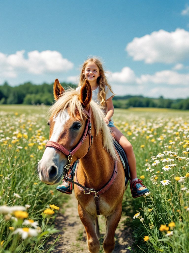 Mädchen reitet ein Pony über einen sonnigen Feldweg