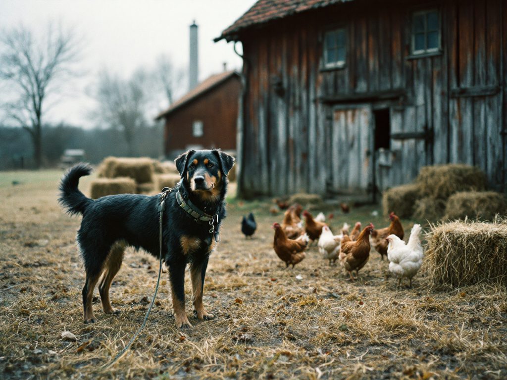 Angeleinter Hund steht ruhig im Hof, freilaufende Hühner in einigen Metern Abstand