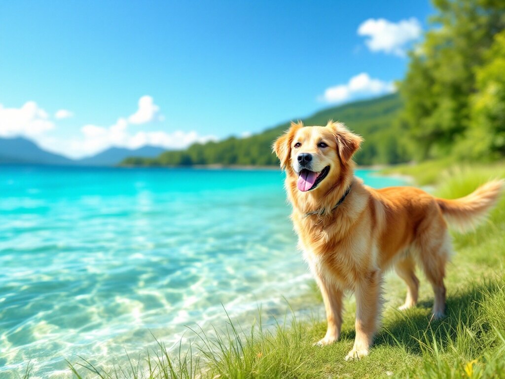 Nasser Hund schüttelt sich am Seeufer beim Spaziergang